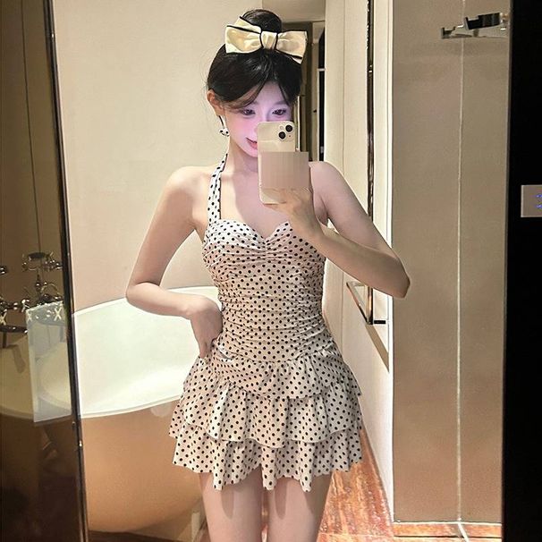 Women's Retro Polka Dot Backless Swimsuit Sweet Conservative Style Slimming Tummy Covering One Piece Alluring New Swimwear_ecoleips.com