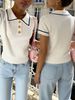 Chic Commuter Ribbed Knit Polo, Short Sleeve Contrast Trim Office Blouse_ecoleips.com