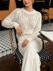 Lightweight Airy Leaf Hollow Out Crew Neck Loose Long Sleeve Knit Top_ecoleips.com