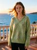 Light Green Heather Pit Rib Knit Sweater, Loose V Neck Lightweight Breathable Soft Skin-touch Wool Blend Pullover_ecoleips.com