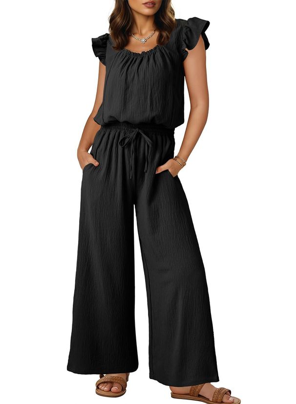 K Fashionable Pleated Square Neck Jumpsuit With Pockets, Solid Color Sleeveless Ruffle Sleeve Jumpsuit For Women_ecoleips.com