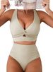 Women's European American Style Textured Bikini Set Front Knotted Top High Waisted Swimsuit Sexy Simple Style For Spring/Autumn Summer_ecoleips.com