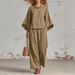 Women's Linen Blend Wide Leg Pants And Top Set, Casual Comfort Two Piece Outfit For Everyday Wear_ecoleips.com