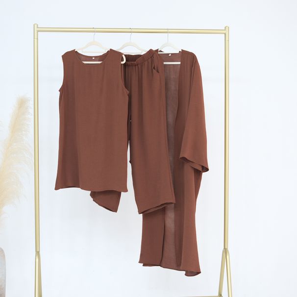 Voya Women's Solid Color Three Piece Set Cardigan Jacket+sleeveless Inner Top+pants With Pockets, Without Headscarf_ecoleips.com