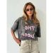 American Retro Short Sleeve T-Shirt For Women Summer Oversize Vintage Letter Print Washed 100% Cotton Top_ecoleips.com