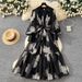 French Style Gentle Embroidered Dress Lantern Sleeve Korean Waist Cinching Belted Mesh A-Line Long Skirt For Elegant Commuting_ecoleips.com