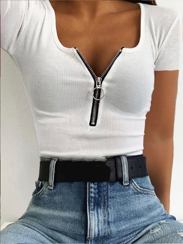 Women's Short Sleeve T-Shirt With Ribbed Zipper Detail – Stylish Casual Summer Top For Work & Leisure – Slim Fit Round Neck Tee In White & Gray_ecoleips.com