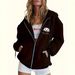 Women's Comfortable Hooded Jacket Long Sleeved Zip Up Stylish Simple Loose Fitting Print Outerwear_ecoleips.com