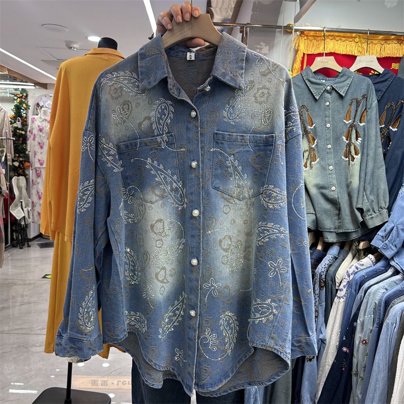 Women's European Style Rhinestone Jacquard Denim Shirt Heavy Duty Loose Fit Long Sleeve Fashionable Top for Spring Autumn_ecoleips.com