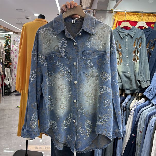 Women's European Style Rhinestone Jacquard Denim Shirt Heavy Duty Loose Fit Long Sleeve Fashionable Top for Spring Autumn_ecoleips.com