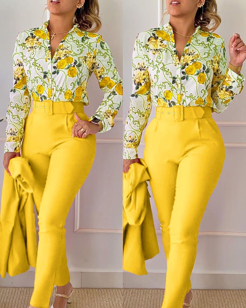 Women's Clothing Casual Suit Printed Stand Collar Long Sleeved Shirt Top And Trousers Two Piece Set_ecoleips.com