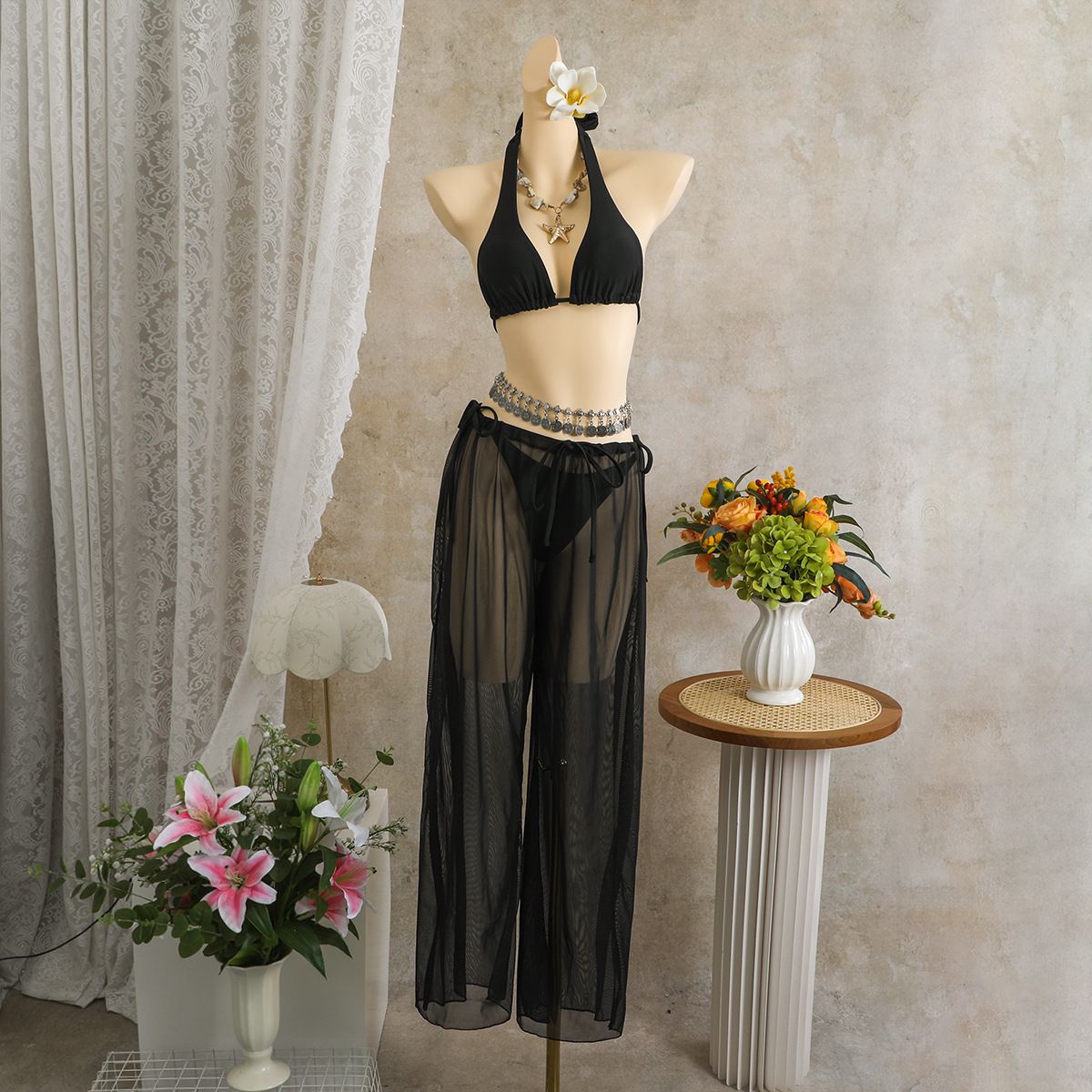 Solid Color Bikini Set 3-Piece Beachwear - Sexy High-Waisted Bottoms & Cover-Up Pants For Vacation_ecoleips.com