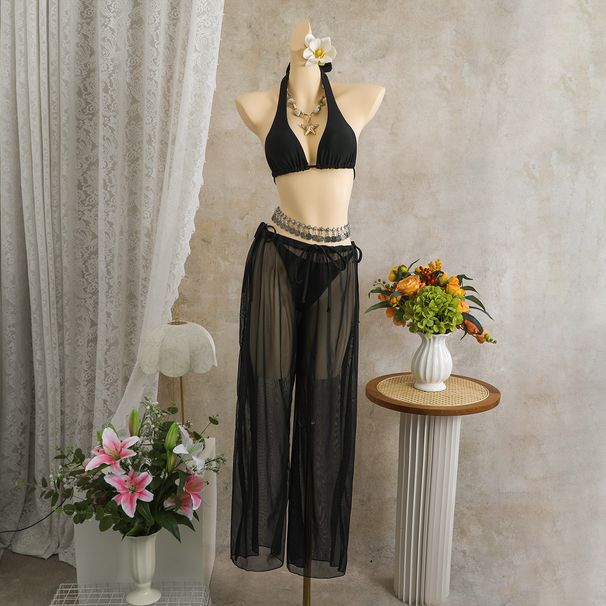 Solid Color Bikini Set 3-Piece Beachwear - Sexy High-Waisted Bottoms & Cover-Up Pants For Vacation_ecoleips.com