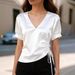 Women's Clothing Women's Satin Slimming Top V Neck Drawstring Waist Spring Summer For Formal & Casual For Women_ecoleips.com