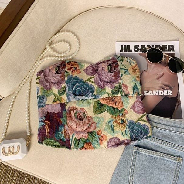 Tmall Douyin High-Quality Floral Print Tube Summer Backless Oil Painting Vintage Slim-Fit Short Top For Outerwear_ecoleips.com