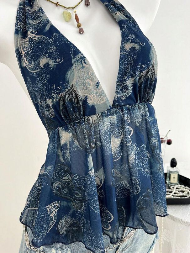 Women's Clothing Printed Sleeveless Vest Sexy Retro High End Slim Halter Neck Top_ecoleips.com