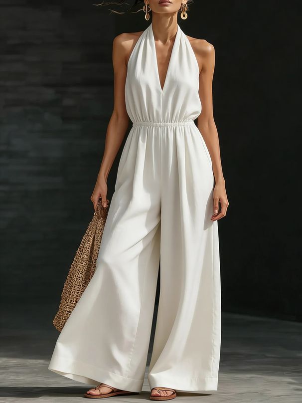 Summer V Neck Halter Neck Jumpsuit for Women European American Style Elegant Commuter Work French Style 2026 New_ecoleips.com