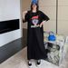 Loose Mid-Length T-Shirt Skirt With Slit Korean Style Casual Summer Dress For Women 18-24 Years Old Polyester Fiber_ecoleips.com
