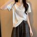 French-Style Laid-Back V-Neck T-Shirt With Exposed Collarbone For Women, A New Summer Collection Of Loose And Slimming O_ecoleips.com