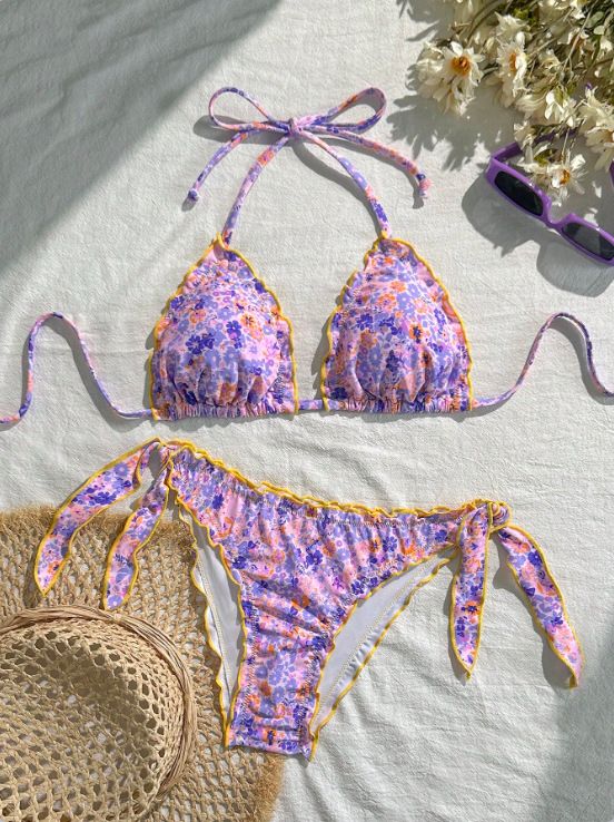 Cute Floral Print Three Piece Drawstring Bikini Sexy Two-Piece Hot Spring Swimsuit Women's Clothing_ecoleips.com