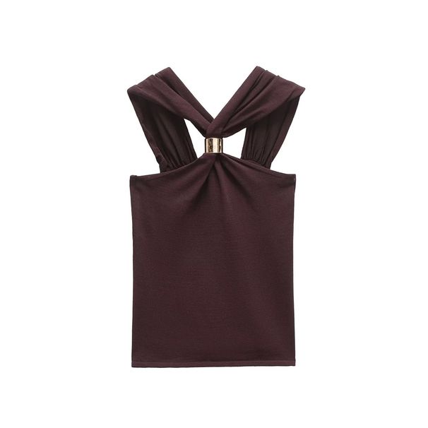 Women's Clothing Elegant Slim Fit Halter Neck Top Gold Embellished Trim Summer Women's Clothing 4 Colors For Formal & Casual For Women_ecoleips.com