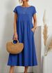 Women's Clothing Style Solid Color Cotton Linen Dress Round Neck Short Sleeved Loose Fit Pockets Ruched Details_ecoleips.com