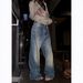 Vintage Washed Studded Baggy Jeans, Women's High Waist Loose Fit Denim Trousers, Y2K Streetwear Wide Leg Pants For Casual & Festival_ecoleips.com