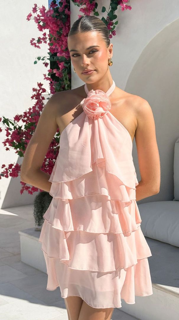 Summer Women's Dress/Skirt With Open Back Halter Neck 3D Floral Decoration Layered Ruffles_ecoleips.com