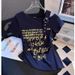 American Printed Slanted Shoulder Strap Short-sleeved T-shirt Women's Summer New Pleated Waist Irregular Short Top_ecoleips.com