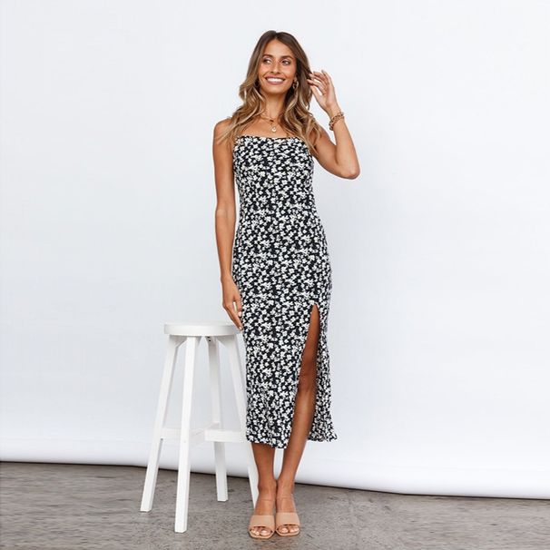 Summer Daisy Print Slim Fit Split Strap Midi Dress Casual Daily Vacation Wear Sundress For Women_ecoleips.com