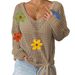 Women's V-neck Pullover Top With Hollow-out Design, Tie-dye Bow, Knitted Outer Layer, And Loose-fitting Sweater_ecoleips.com