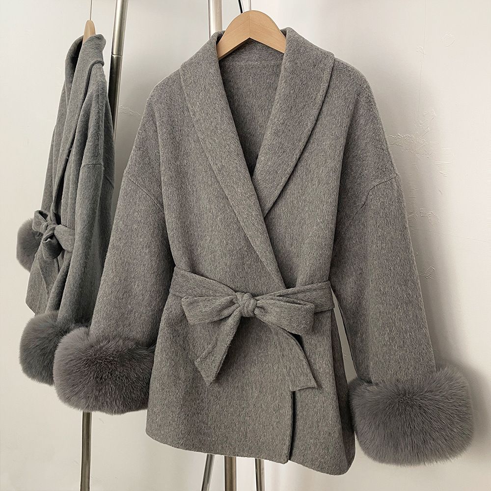 Women's French-Inspired Double-Faced Wool Coat With Belted Waist & Faux Fur Sleeves – Short Length, Relaxed Fit, Elegant & Chic_ecoleips.com