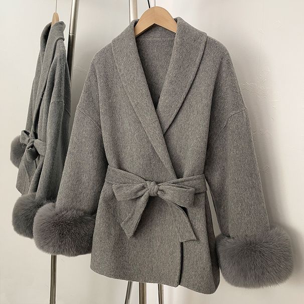 Women's French-Inspired Double-Faced Wool Coat With Belted Waist & Faux Fur Sleeves – Short Length, Relaxed Fit, Elegant & Chic_ecoleips.com