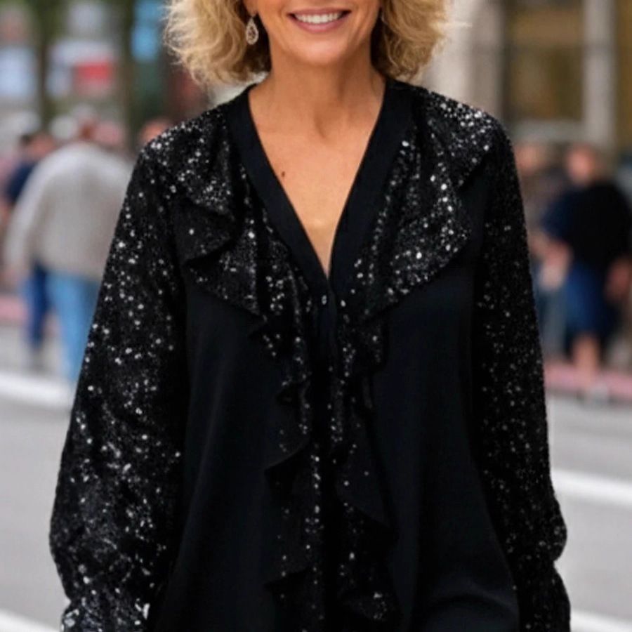Elegant V-Neck Long Sleeve Blouse With Sequin Embellishments – Stylish Layering Piece For Women_ecoleips.com