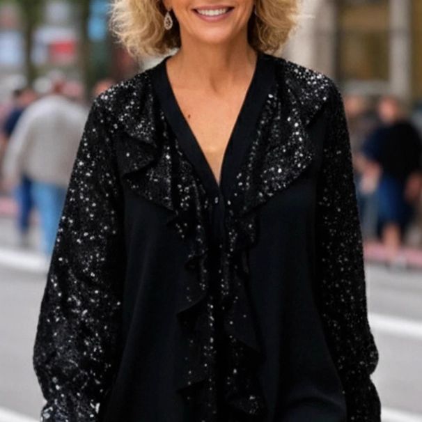 Elegant V-Neck Long Sleeve Blouse With Sequin Embellishments – Stylish Layering Piece For Women_ecoleips.com