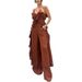 Women's Clothing Solid Color Chiffon V Neck Suspenders Ruffle Straight Pants Two Piece Set_ecoleips.com