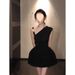 183 French Style Black Asymmetrical Shoulder Irregular Pleated Tank Top And Flower Bud Half Skirt Two-Piece Set For_ecoleips.com