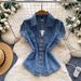 Women's Commuter Style V Neck Skin Friendly Breathable Tie up Denim Shirt Summer Slimming Short Sleeved Top_ecoleips.com