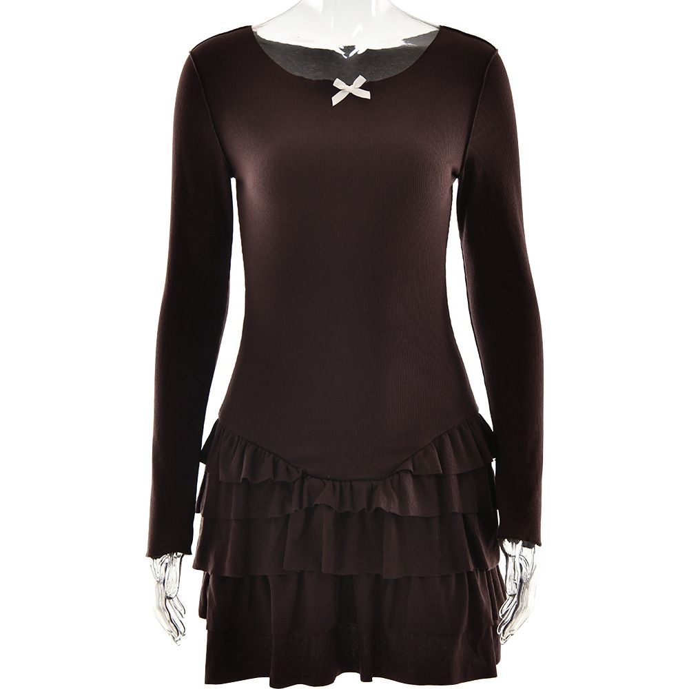 Absobe Layered Ruffle Mini Dress Women Crew Neck Patchwork Bow Frill Long Sleeve Solid Slim Hem Short Dress Street Partywear_ecoleips.com