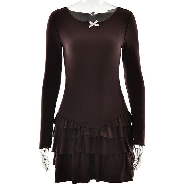 Absobe Layered Ruffle Mini Dress Women Crew Neck Patchwork Bow Frill Long Sleeve Solid Slim Hem Short Dress Street Partywear_ecoleips.com