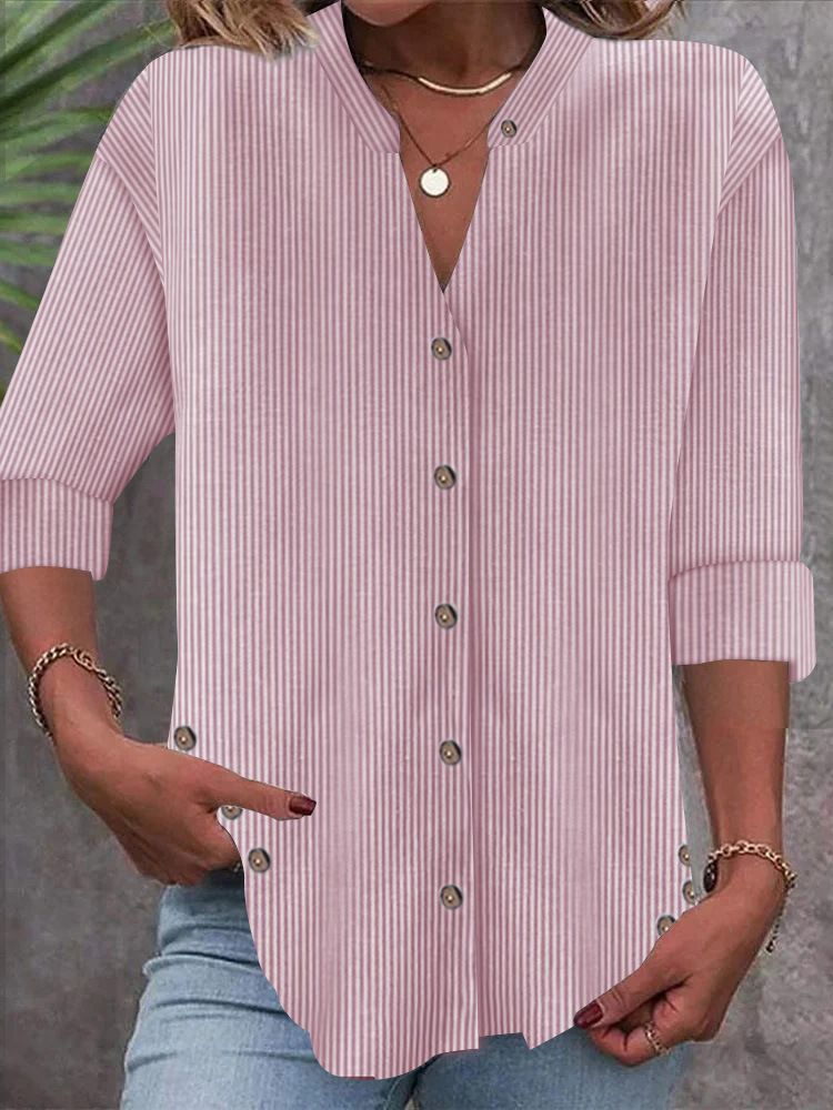 Women's Clothing Autumn And Winter New Casual Fashion Button Striped Long Sleeved Solid Color Shirt_ecoleips.com