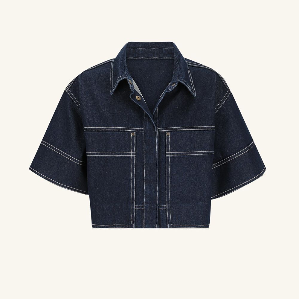 K Women's Casual Pocket Short Sleeved Shirt Split Skirt Denim Two-piece Set_ecoleips.com