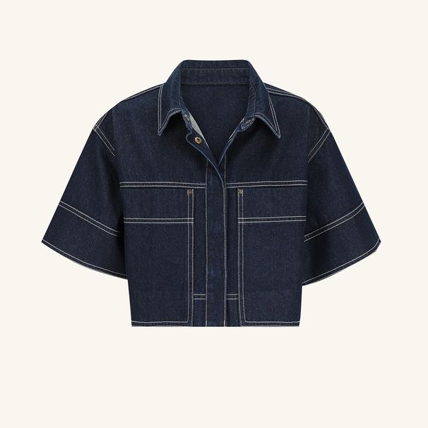 K Women's Casual Pocket Short Sleeved Shirt Split Skirt Denim Two-piece Set_ecoleips.com