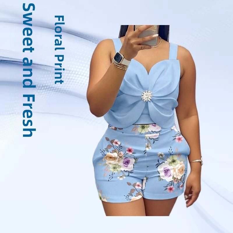 Women's Clothing Sequined 3D Floral Print Two Piece Set Elasticated Overalls Shorts Casual Outfit_ecoleips.com