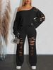 Edgy Two-Piece Streetwear Set – Distressed Ripped Jeans & Off-Shoulder Hoodie, Oversized Grunge Outfit For Women_ecoleips.com