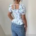 Women’s Clothing French Print Square Collar Puff Sleeve Waist Drawstring Shirt Short Top Floral_ecoleips.com