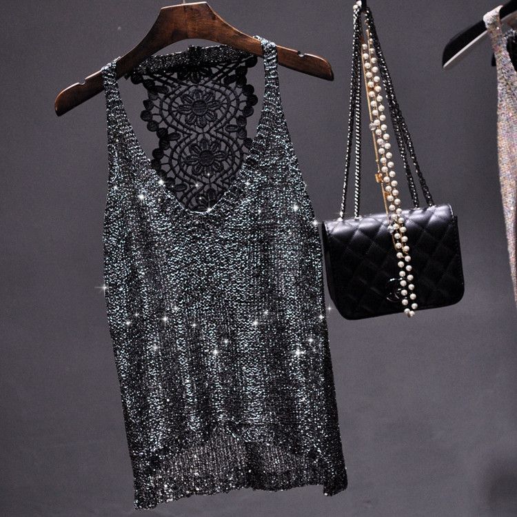 Euro Summer Sequin Lace Bralette – Glittering Halter Neck Crop Top With Sheer Mesh Back & Adjustable Ties (Festival, Club & Beachwear)_ecoleips.com