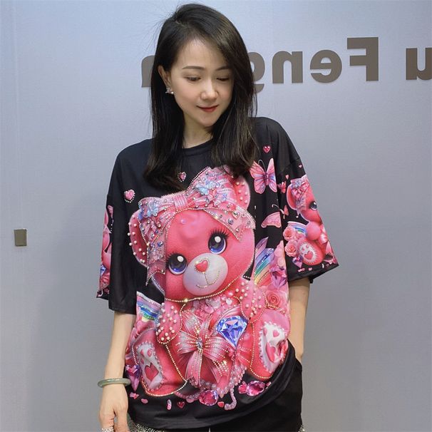 Women's Clothing Beaded Round Neck Short Sleeve T Shirt Women Summer Printed Fashion Half Sleeve Large Size Top_ecoleips.com