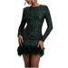 Women's Clothing Sexy Dress Long Sleeve Solid Color Sequin Feather Dress Round Neck Female_ecoleips.com