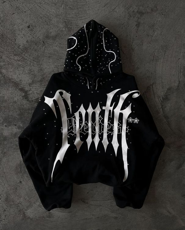 Gothic Dark Letter Print Hoodie - Unisex Oversized Streetwear Pullover With 3D Graphic, Black_ecoleips.com
